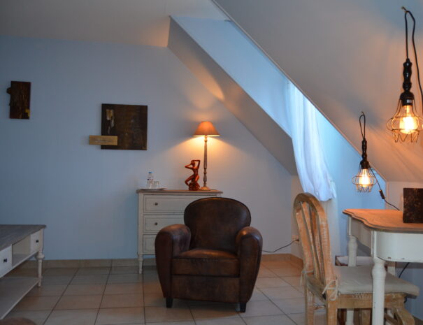 Chambres hôtes Chaumont sur Loire, chambre Martin Pêcheur vue bureau et fauteuil